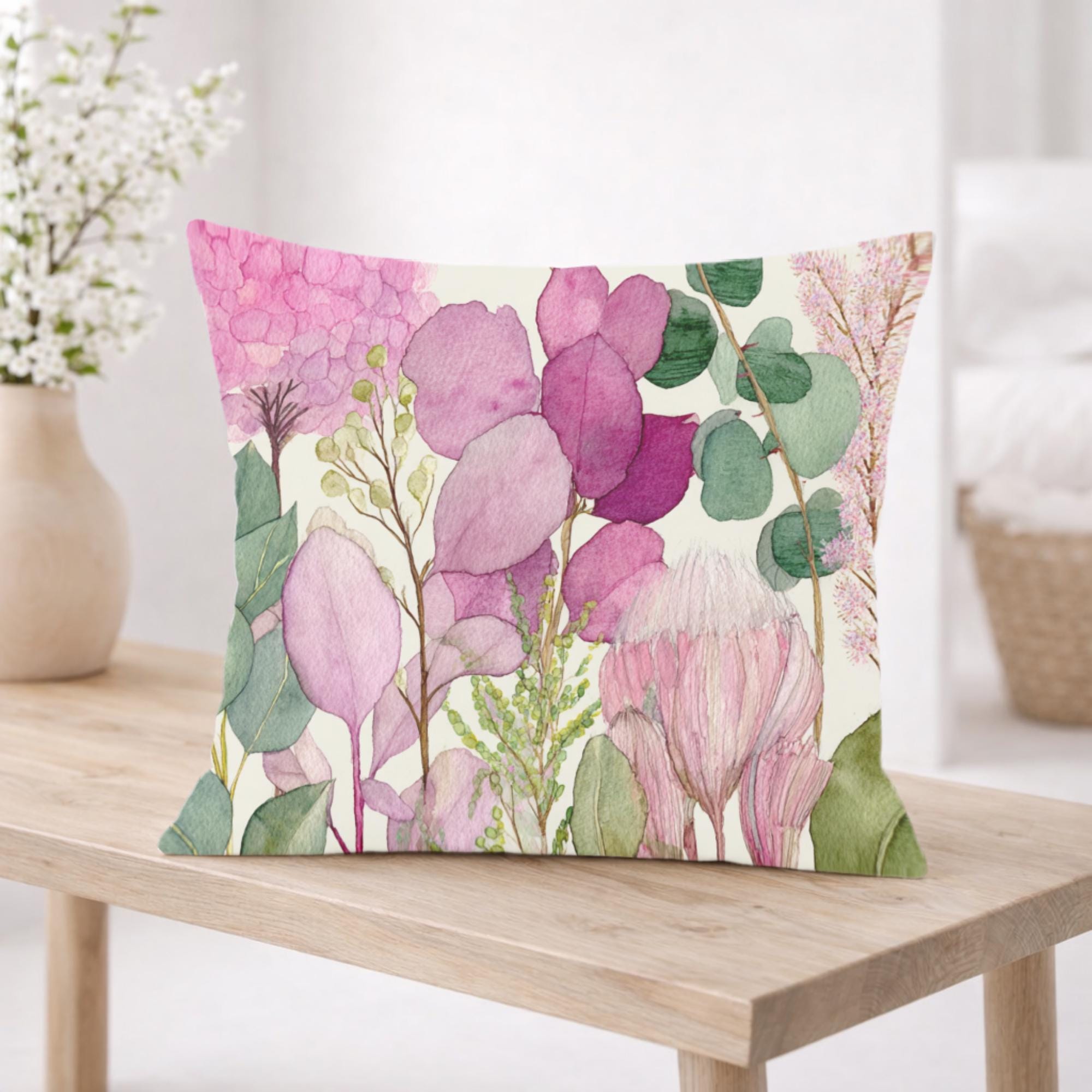 Pink Botanical Pillow, Soft Watercolor Floral Throw Pillow, Pastel Garden Nature Cushion, Cottage Bloom Pillowcase, Serene Home Decor