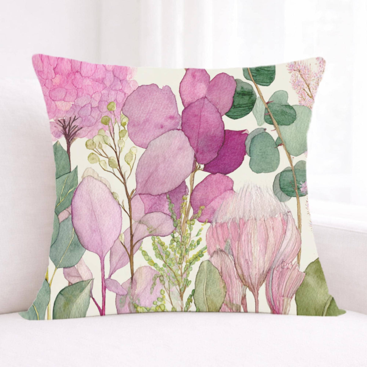 Pink Botanical Pillow, Soft Watercolor Floral Throw Pillow, Pastel Garden Nature Cushion, Cottage Bloom Pillowcase, Serene Home Decor