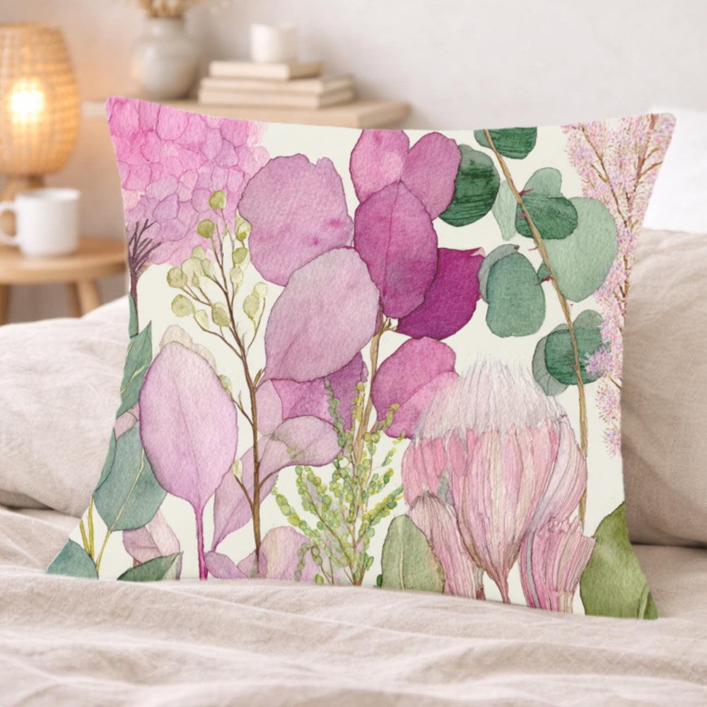 Pink Botanical Pillow, Soft Watercolor Floral Throw Pillow, Pastel Garden Nature Cushion, Cottage Bloom Pillowcase, Serene Home Decor