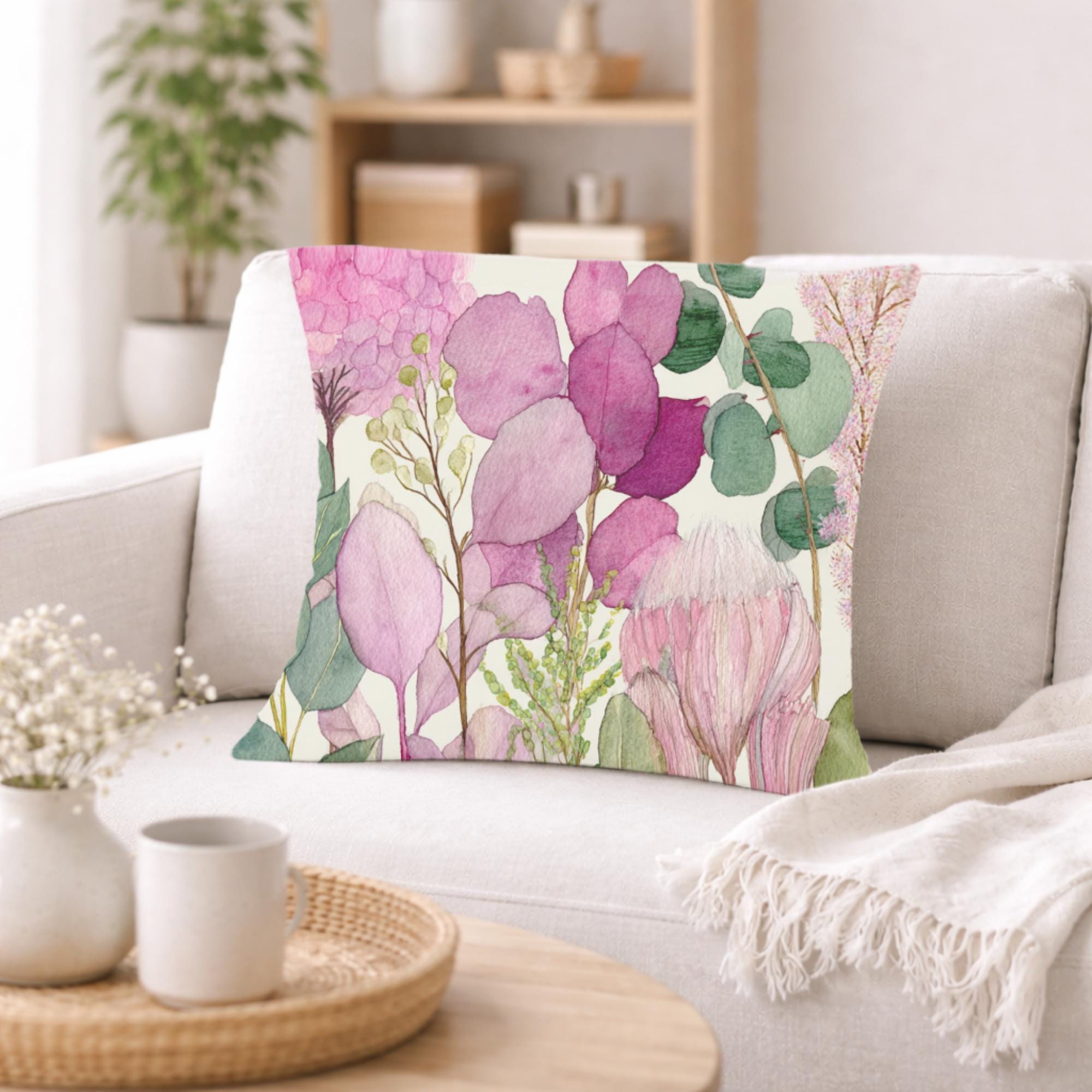 Pink Botanical Pillow, Soft Watercolor Floral Throw Pillow, Pastel Garden Nature Cushion, Cottage Bloom Pillowcase, Serene Home Decor