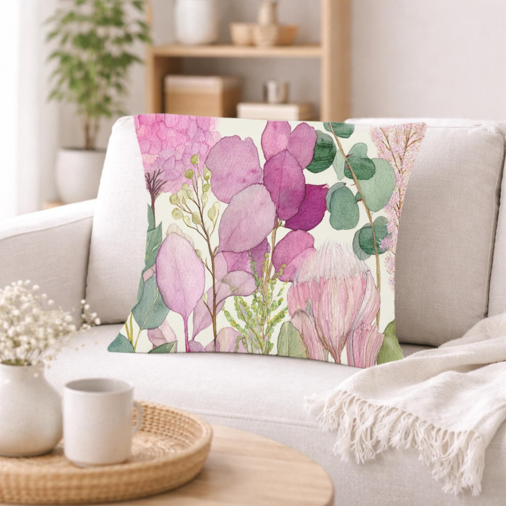 Pink Botanical Pillow, Soft Watercolor Floral Throw Pillow, Pastel Garden Nature Cushion, Cottage Bloom Pillowcase, Serene Home Decor