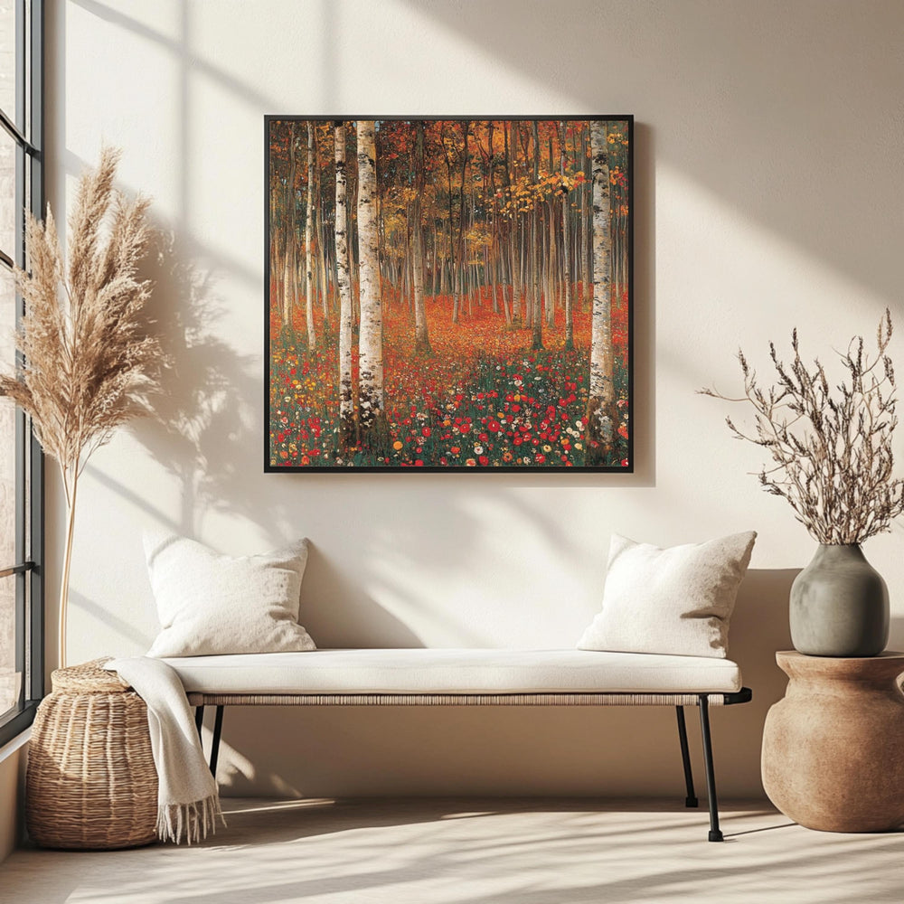 Autumn Forest Canvas Wall Art, Gustav Klimt Woodland Inspired Print, Earth Tone Poster, Framed Canvas for Tranquil Nature Home Decor