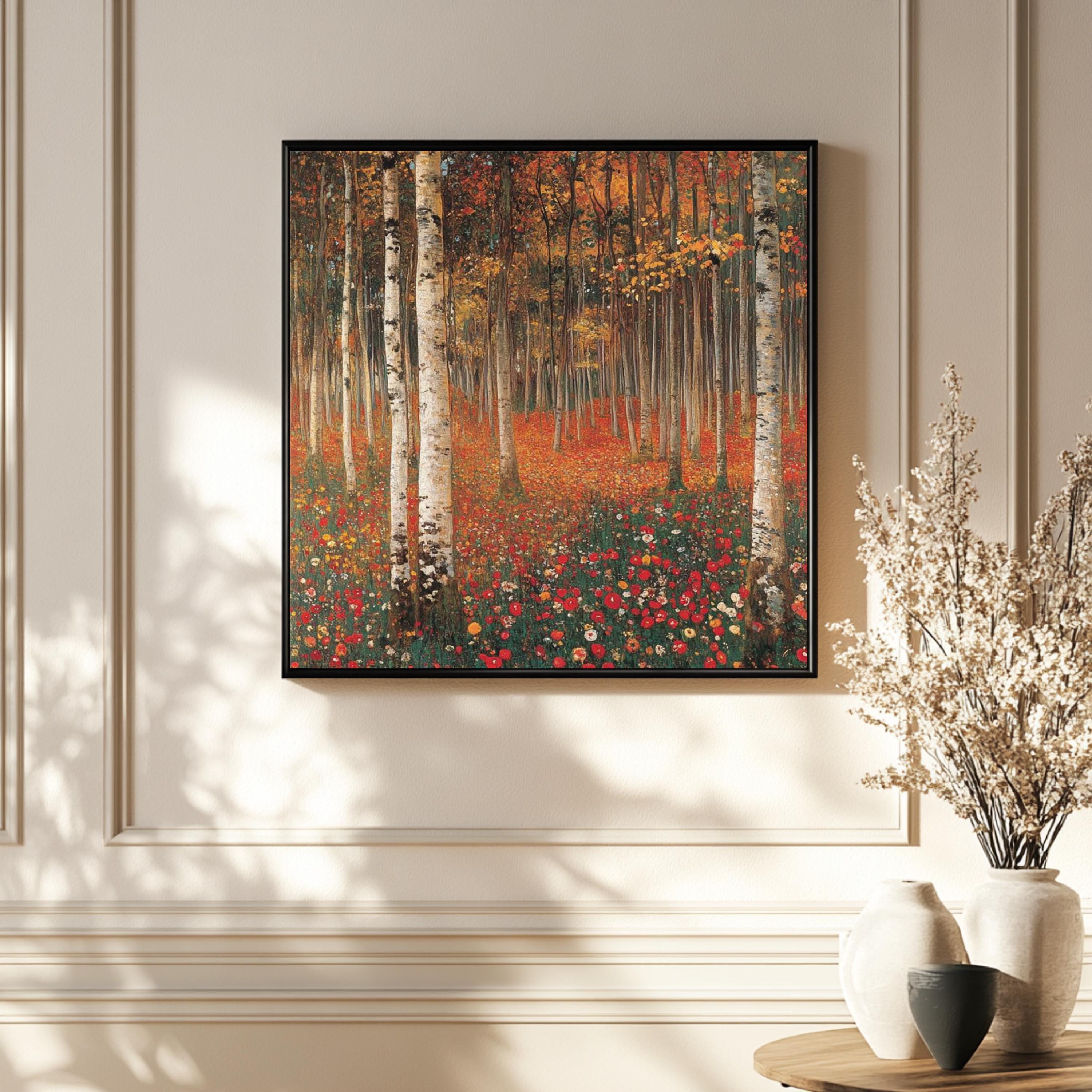 Autumn Forest Canvas Wall Art, Gustav Klimt Woodland Inspired Print, Earth Tone Poster, Framed Canvas for Tranquil Nature Home Decor