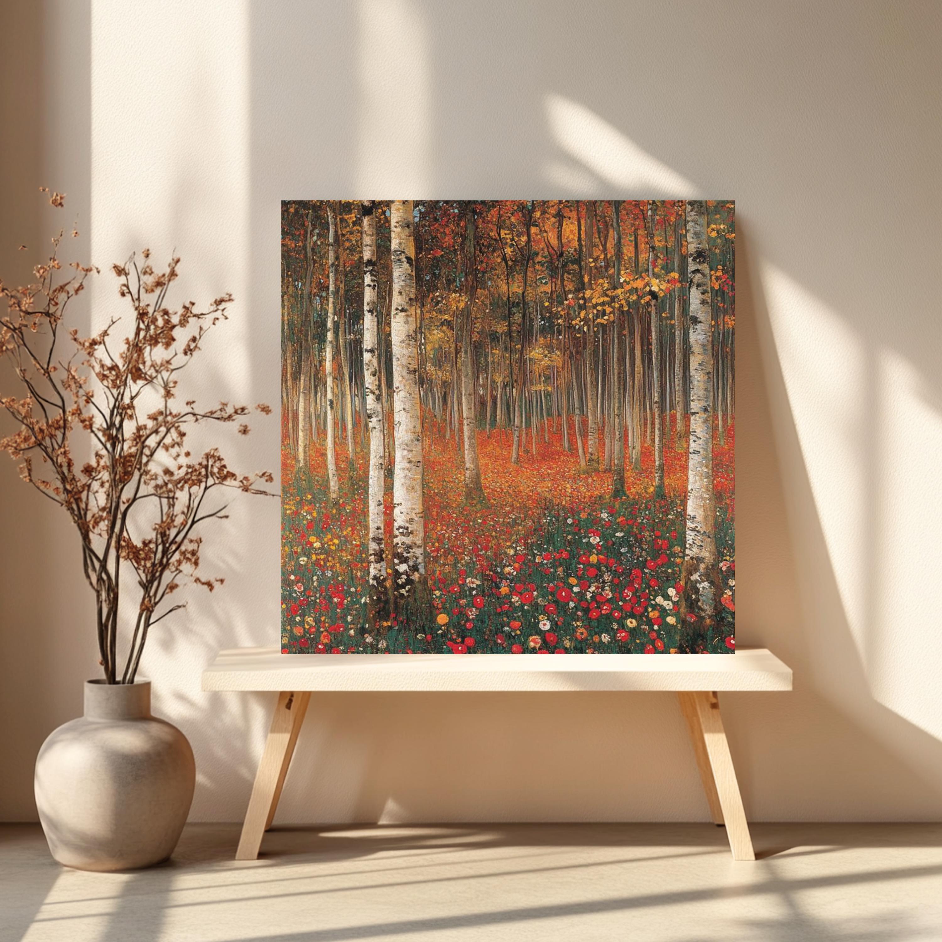 Autumn Forest Canvas Wall Art, Gustav Klimt Woodland Inspired Print, Earth Tone Poster, Framed Canvas for Tranquil Nature Home Decor