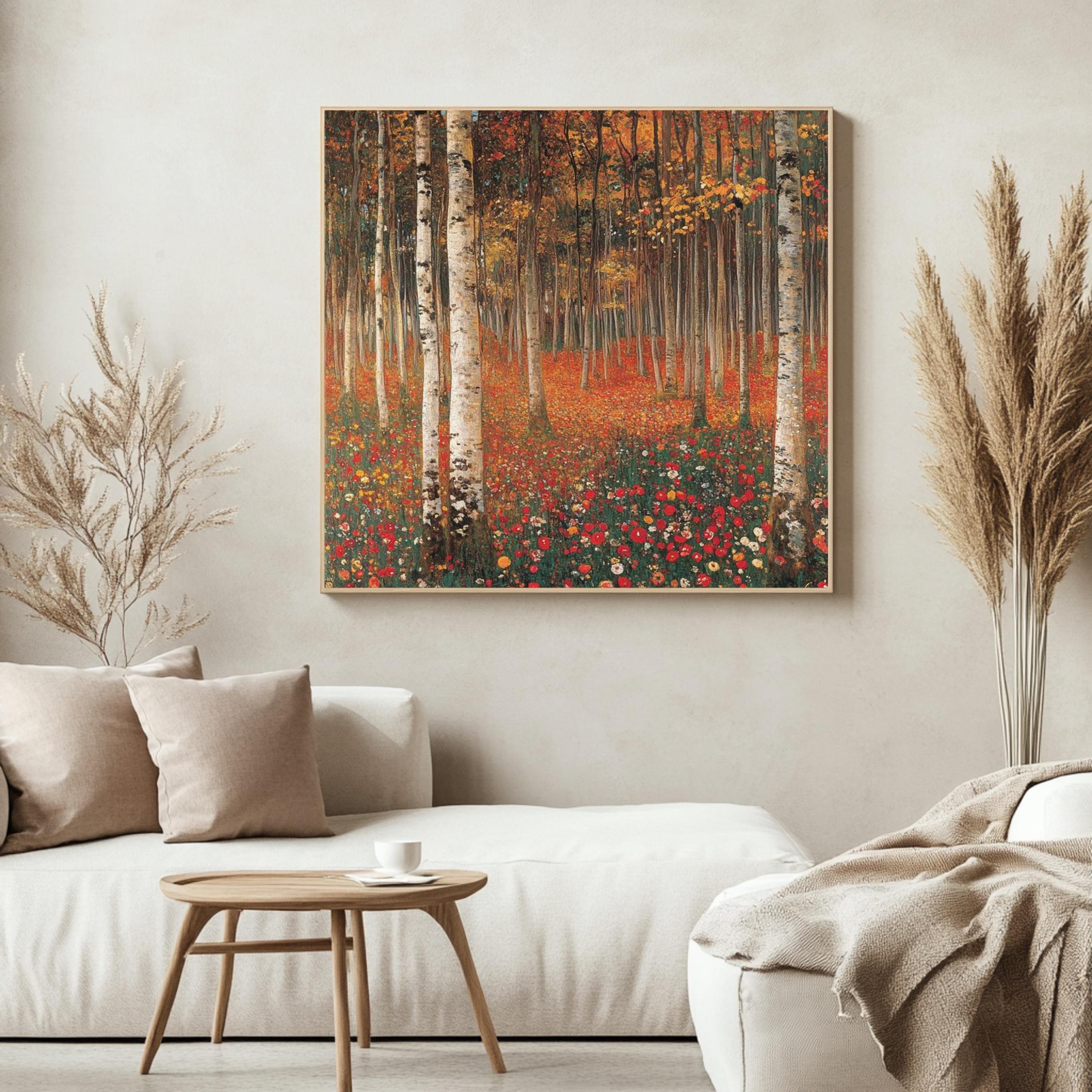Autumn Forest Canvas Wall Art, Gustav Klimt Woodland Inspired Print, Earth Tone Poster, Framed Canvas for Tranquil Nature Home Decor