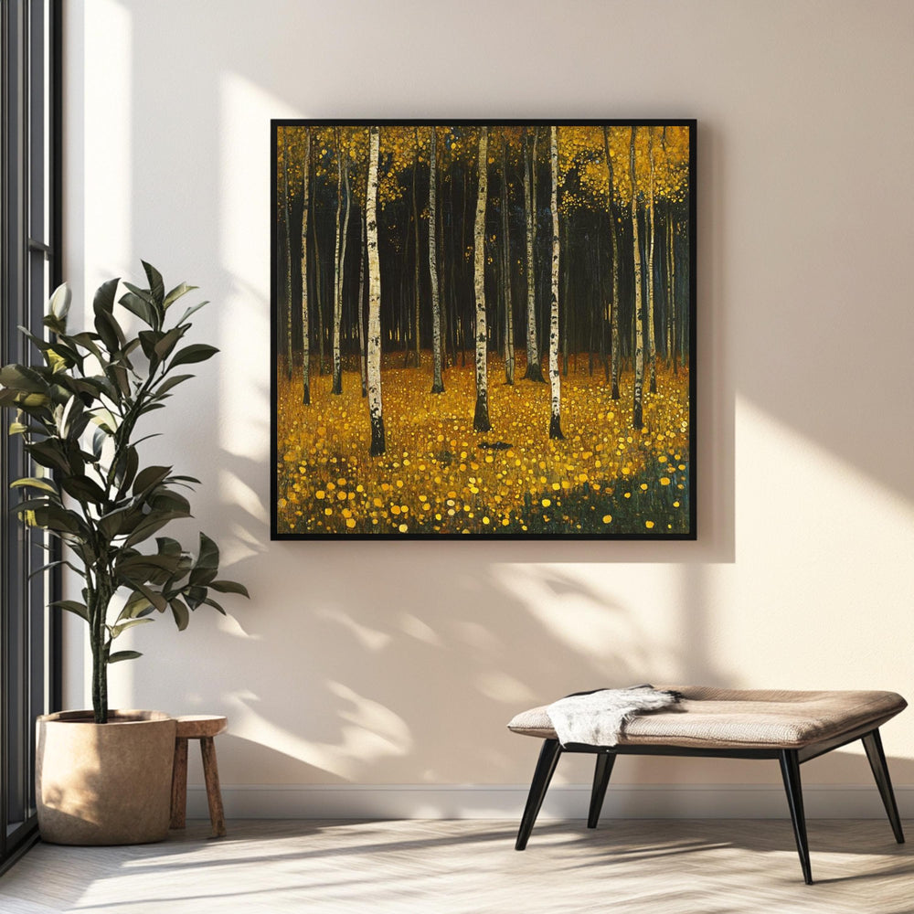 Yellow Woodland Canvas Wall Art, Gustav Klimt Inspired Autumn Forest Print, Golden Nature Poster, Framed Canvas for Warm Rustic Home Decor