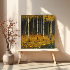 Yellow Woodland Canvas Wall Art, Gustav Klimt Inspired Autumn Forest Print, Golden Nature Poster, Framed Canvas for Warm Rustic Home Decor