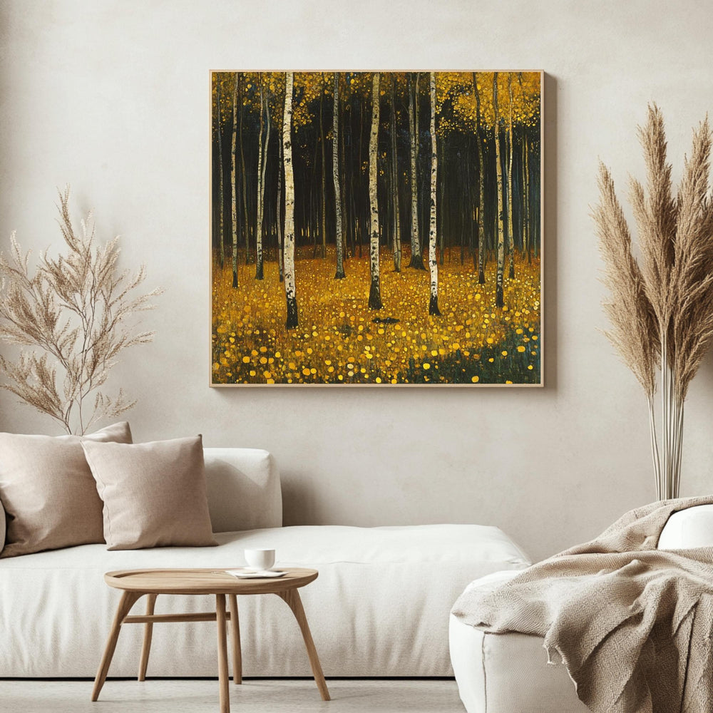 Yellow Woodland Canvas Wall Art, Gustav Klimt Inspired Autumn Forest Print, Golden Nature Poster, Framed Canvas for Warm Rustic Home Decor