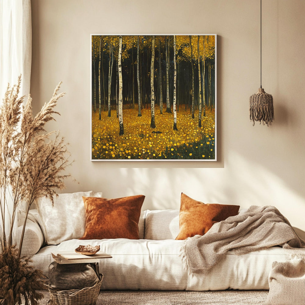 Yellow Woodland Canvas Wall Art, Gustav Klimt Inspired Autumn Forest Print, Golden Nature Poster, Framed Canvas for Warm Rustic Home Decor
