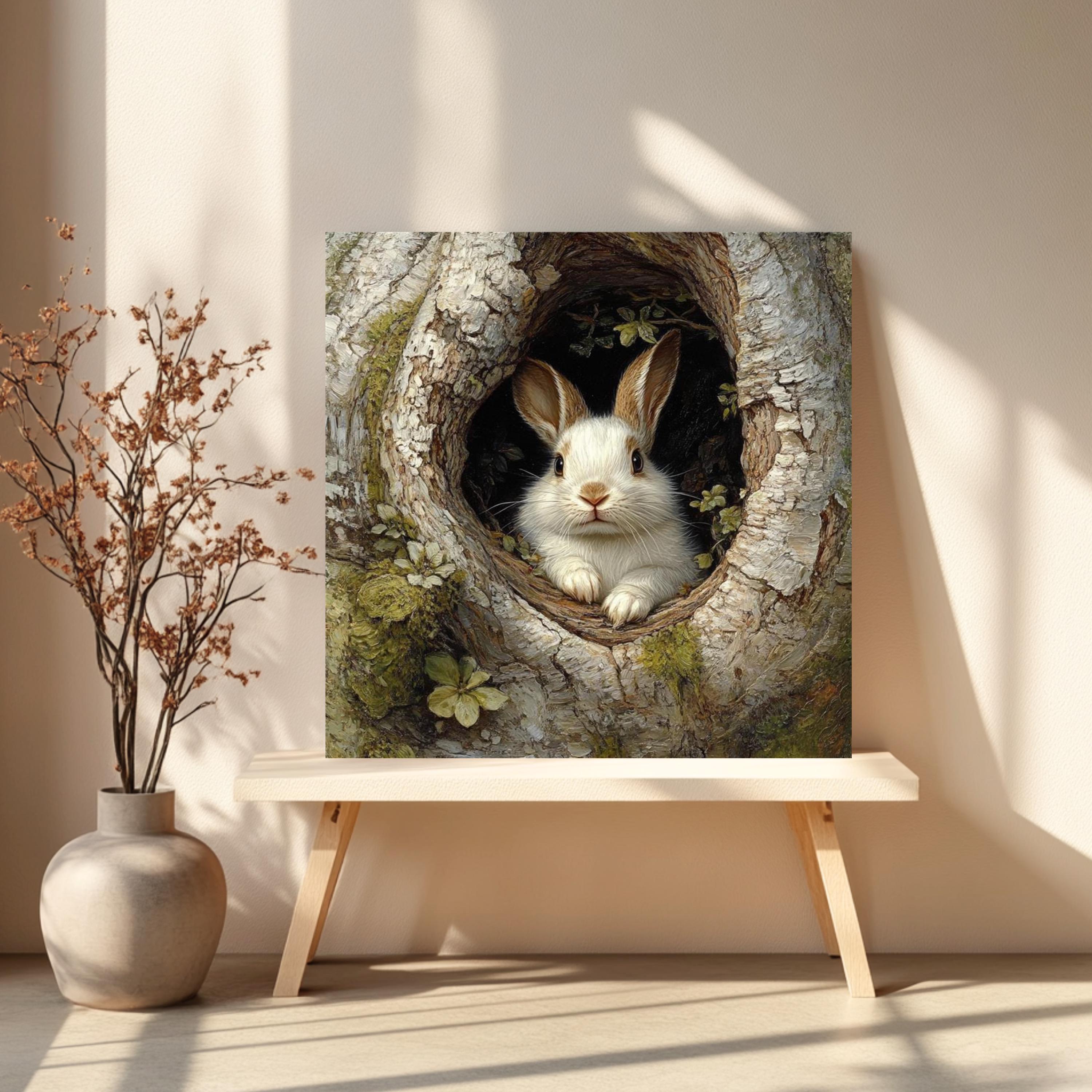 Forest Rabbit Canvas Wall Art, Woodland Bunny in Tree Print, Nature Lover Poster, Framed Canvas for Warm Earthy Cottagecore Home Decor