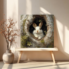 Forest Rabbit Canvas Wall Art, Woodland Bunny in Tree Print, Nature Lover Poster, Framed Canvas for Warm Earthy Cottagecore Home Decor