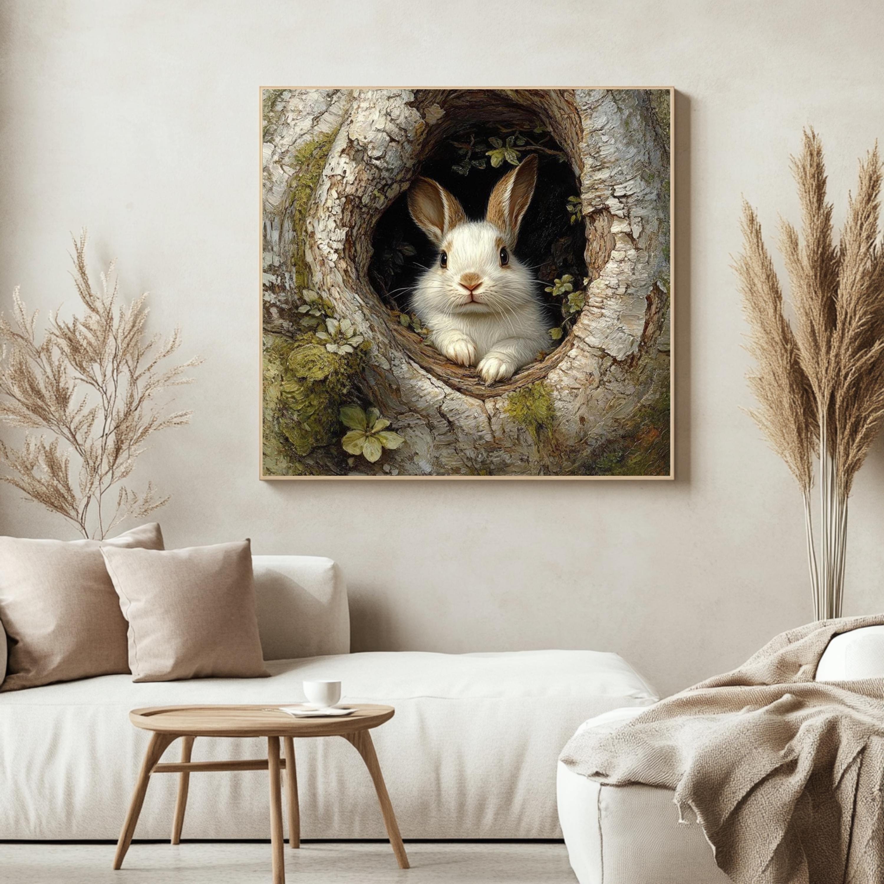 Forest Rabbit Canvas Wall Art, Woodland Bunny in Tree Print, Nature Lover Poster, Framed Canvas for Warm Earthy Cottagecore Home Decor