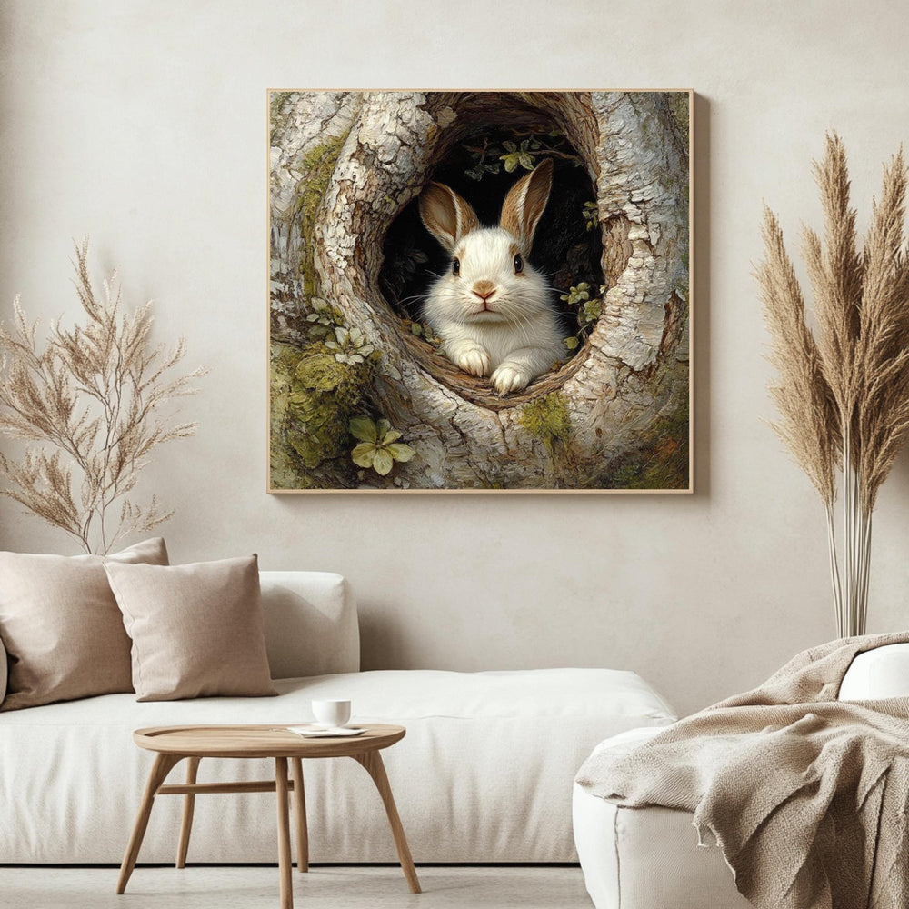 Forest Rabbit Canvas Wall Art, Woodland Bunny in Tree Print, Nature Lover Poster, Framed Canvas for Warm Earthy Cottagecore Home Decor