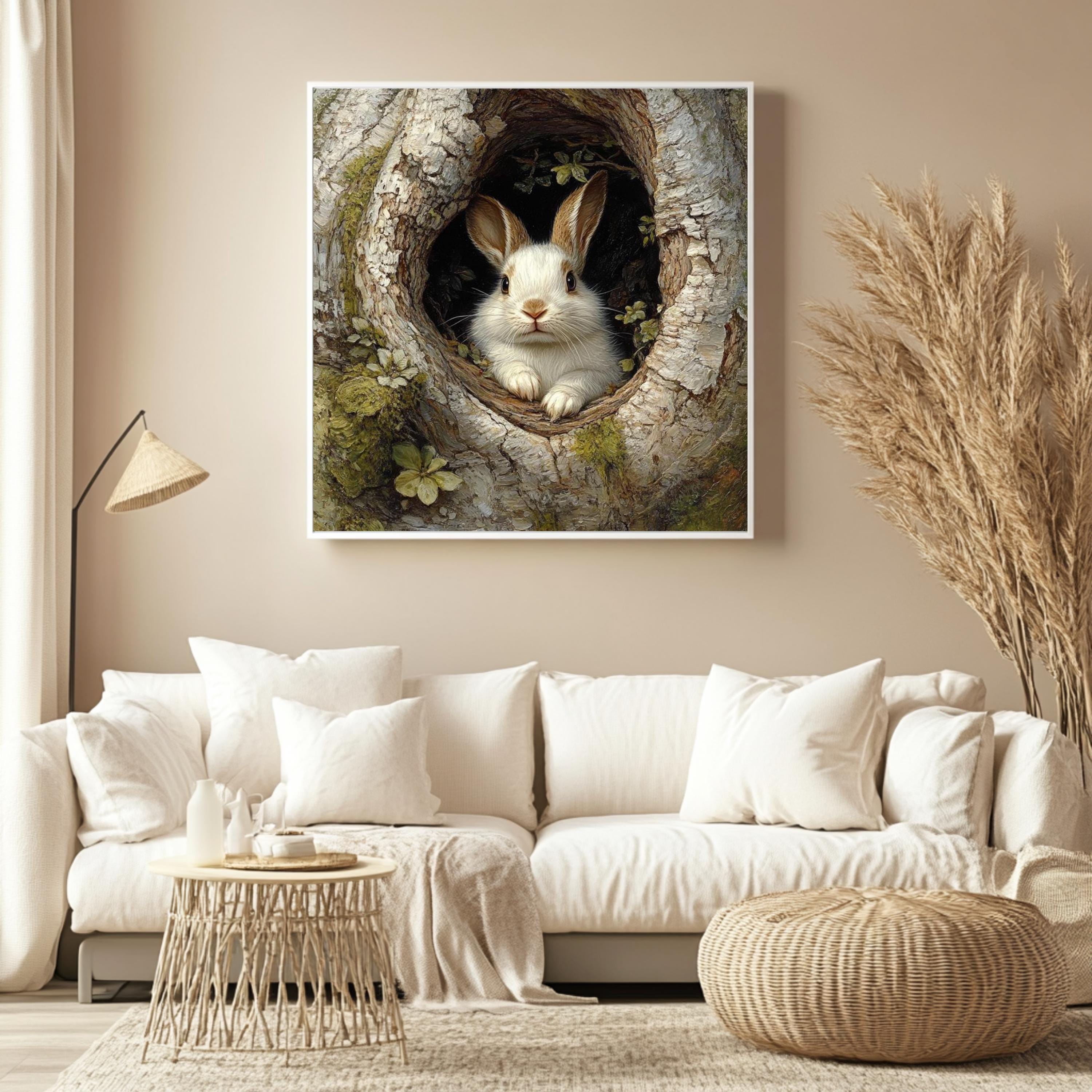 Forest Rabbit Canvas Wall Art, Woodland Bunny in Tree Print, Nature Lover Poster, Framed Canvas for Warm Earthy Cottagecore Home Decor