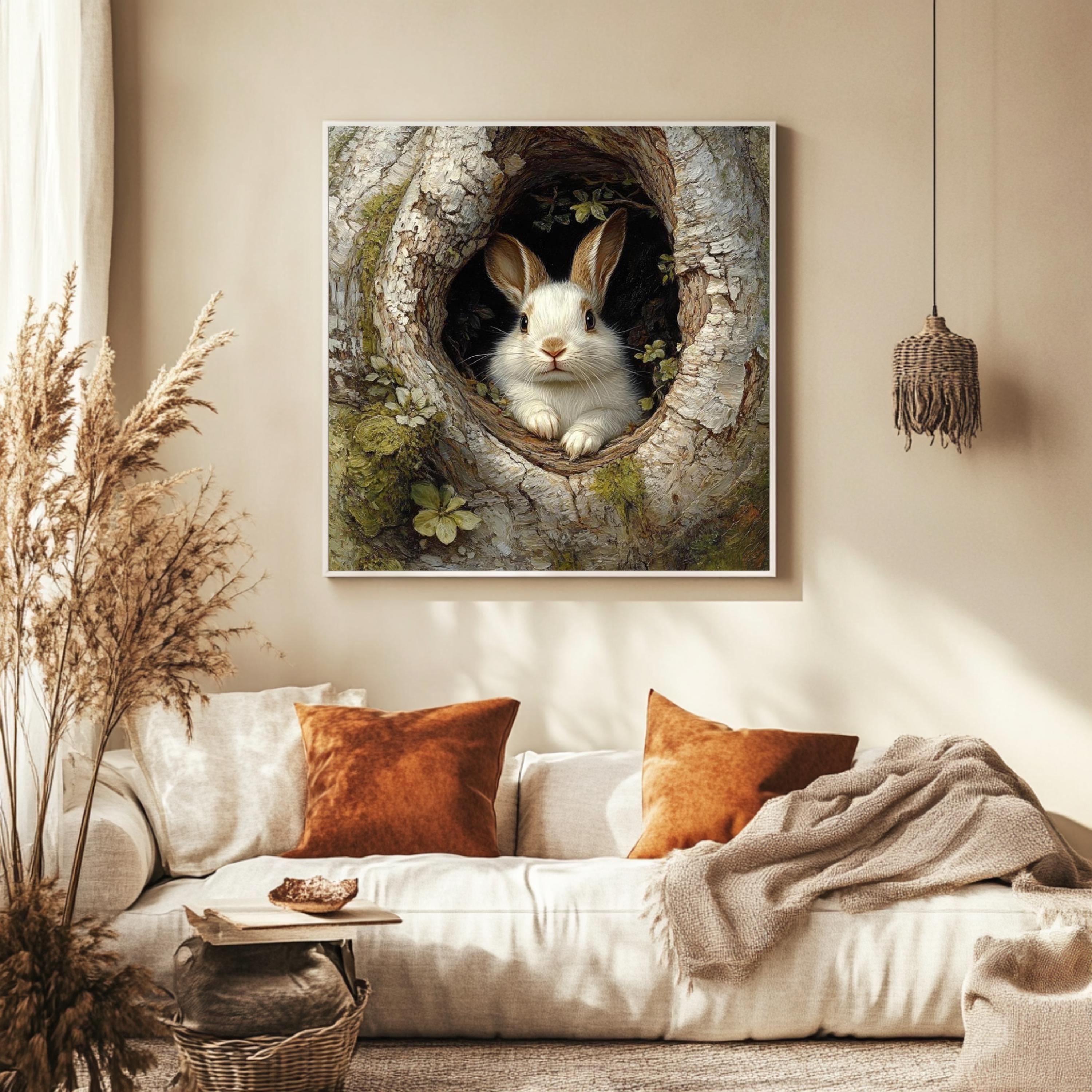 Forest Rabbit Canvas Wall Art, Woodland Bunny in Tree Print, Nature Lover Poster, Framed Canvas for Warm Earthy Cottagecore Home Decor