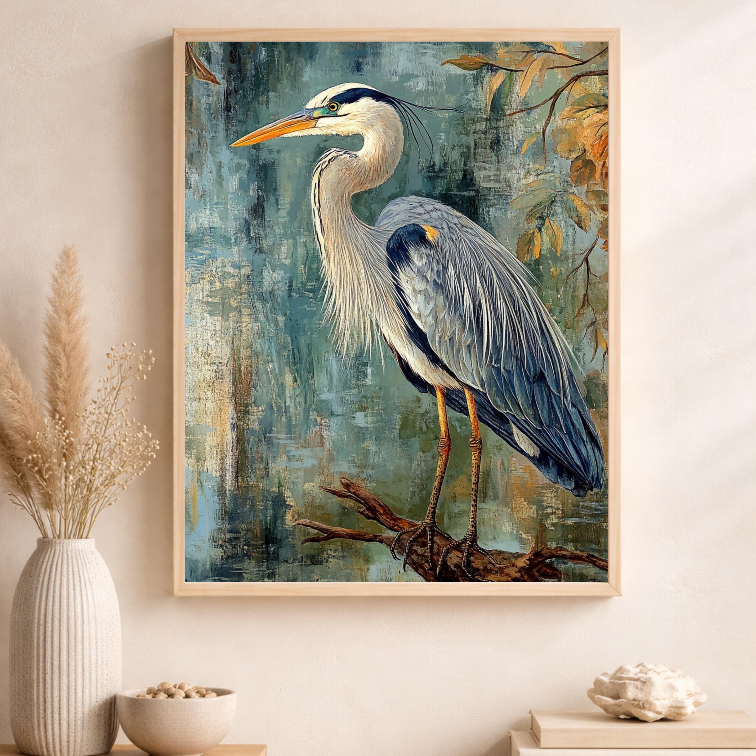 William Morris Bird Wall Art Print, Arts and Crafts Heron Canvas Decor, Victorian Botanical Portrait Artwork, Vintage Heron Canvas Decor
