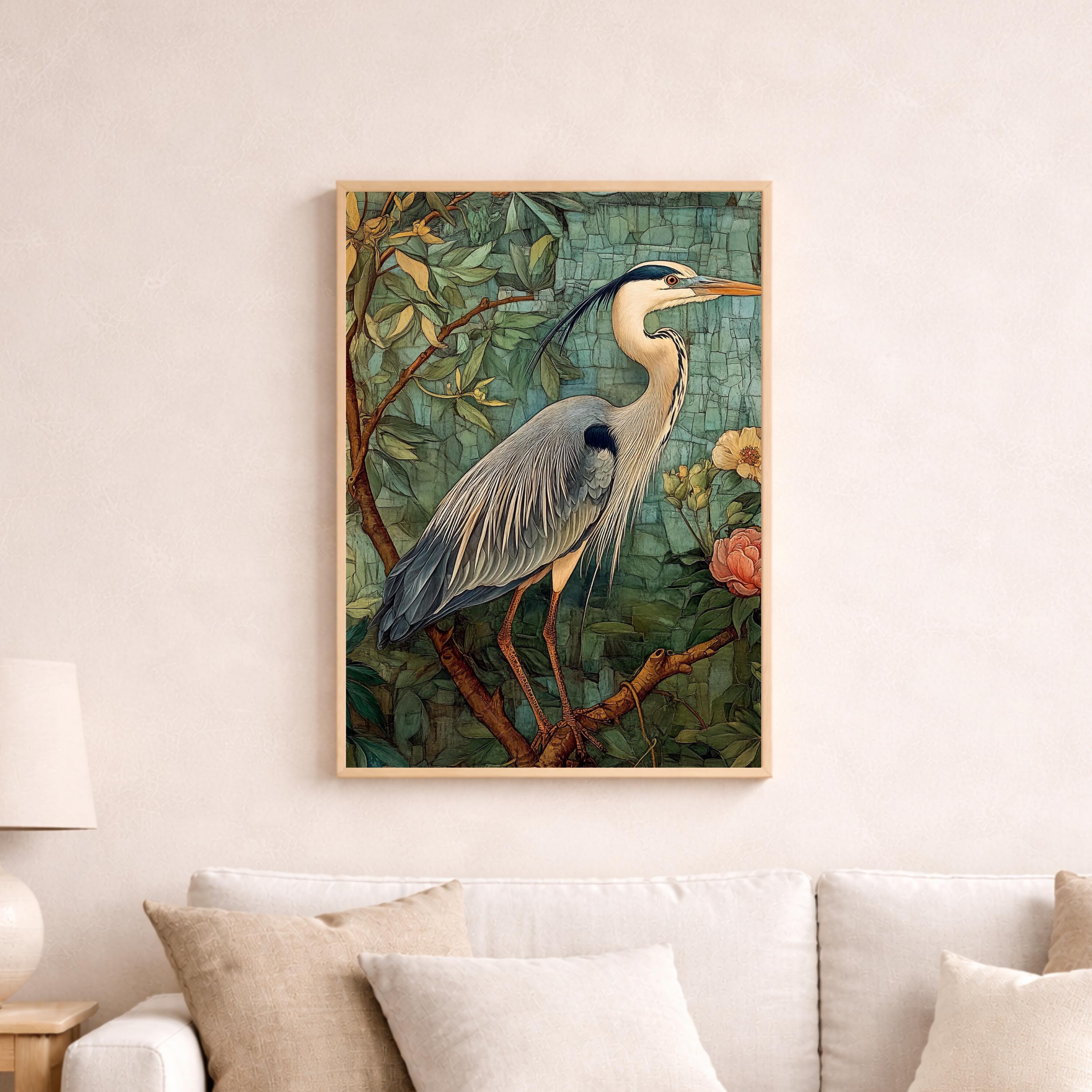 William Morris Botanical Bird Wall Art Print, Arts and Crafts Heron Canvas Decor, Vintage Bird Canvas Decor, Botanical Heron Wall Art Print