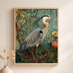 William Morris Botanical Bird Wall Art Print, Arts and Crafts Heron Canvas Decor, Vintage Bird Canvas Decor, Botanical Heron Wall Art Print