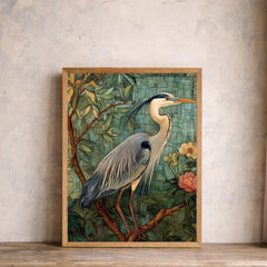 William Morris Botanical Bird Wall Art Print, Arts and Crafts Heron Canvas Decor, Vintage Bird Canvas Decor, Botanical Heron Wall Art Print