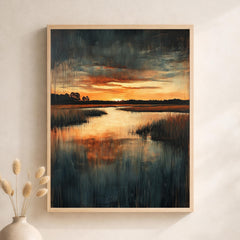 Sunset Marsh Landscape Wall Art Print, Moody Wetland Canvas Decor, Reflective Water Artwork, Dramatic Nature Portrait