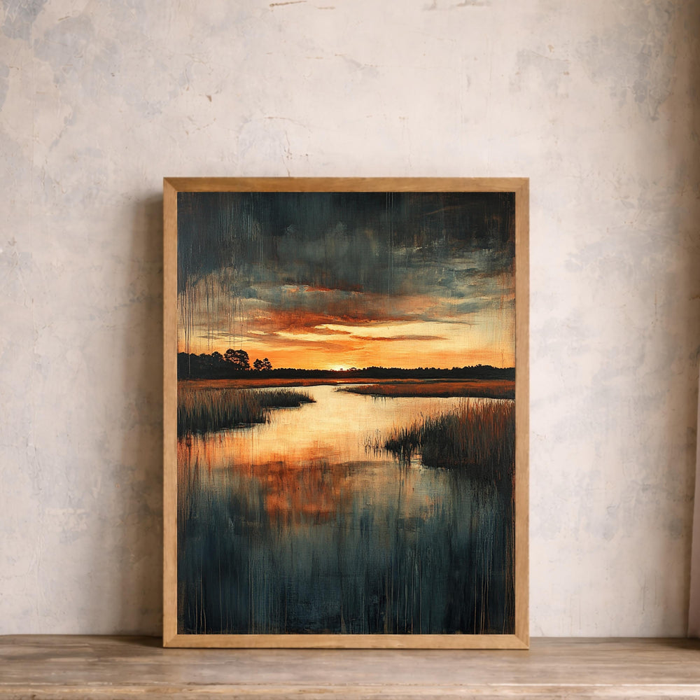 Sunset Marsh Landscape Wall Art Print, Moody Wetland Canvas Decor, Reflective Water Artwork, Dramatic Nature Portrait