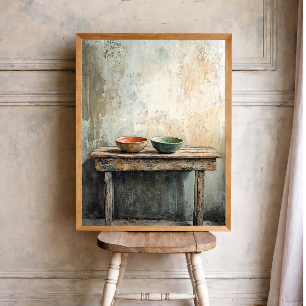Neutral Kitchen Portrait, Rustic Still Life Wall Art Print, Minimal Farmhouse Canvas Decor, Vintage Table Artwork