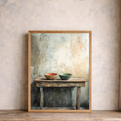 Neutral Kitchen Portrait, Rustic Still Life Wall Art Print, Minimal Farmhouse Canvas Decor, Vintage Table Artwork