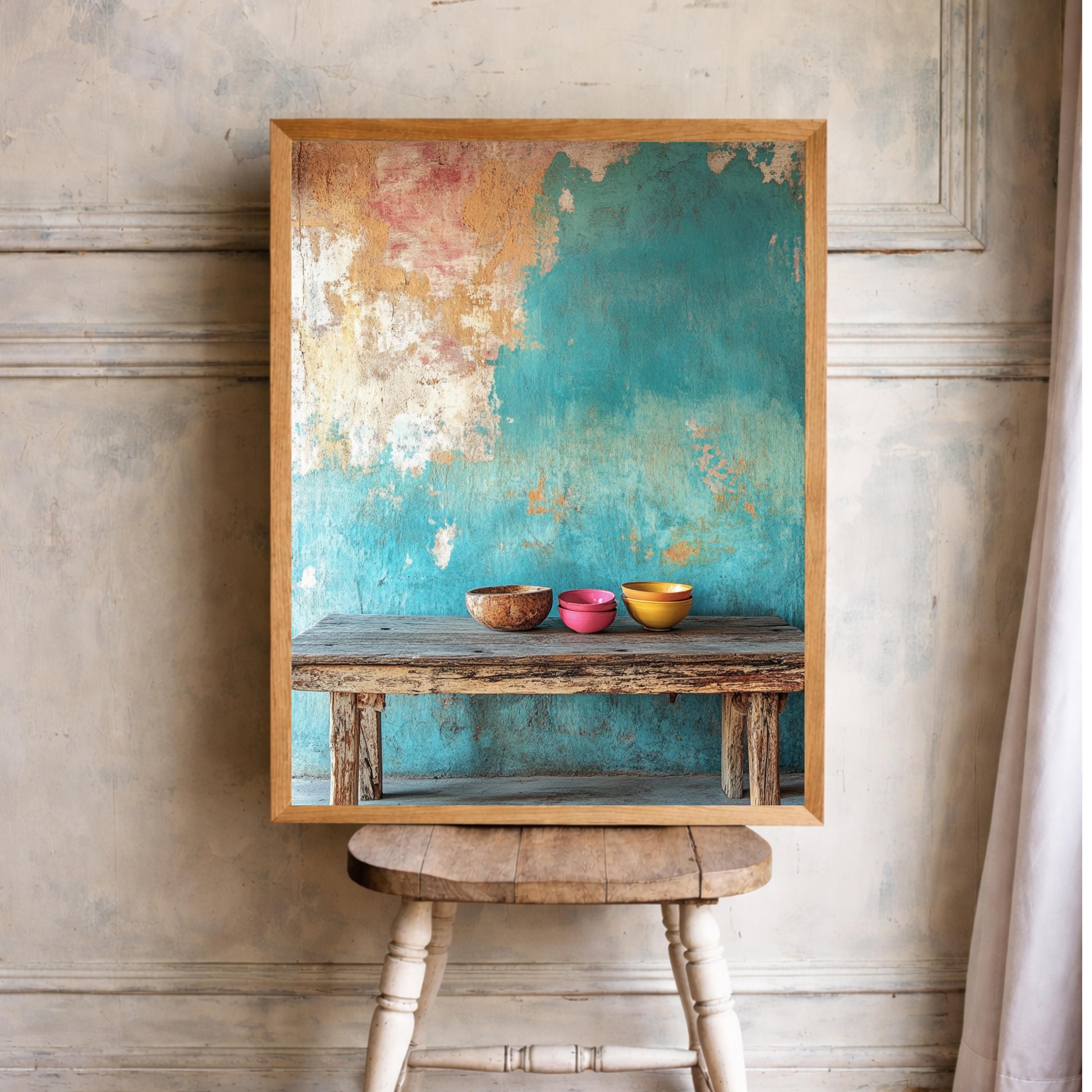 Rustic Still Life Wall Art Print, Weathered Table Canvas Decor, Farmhouse Kitchen Portrait Artwork