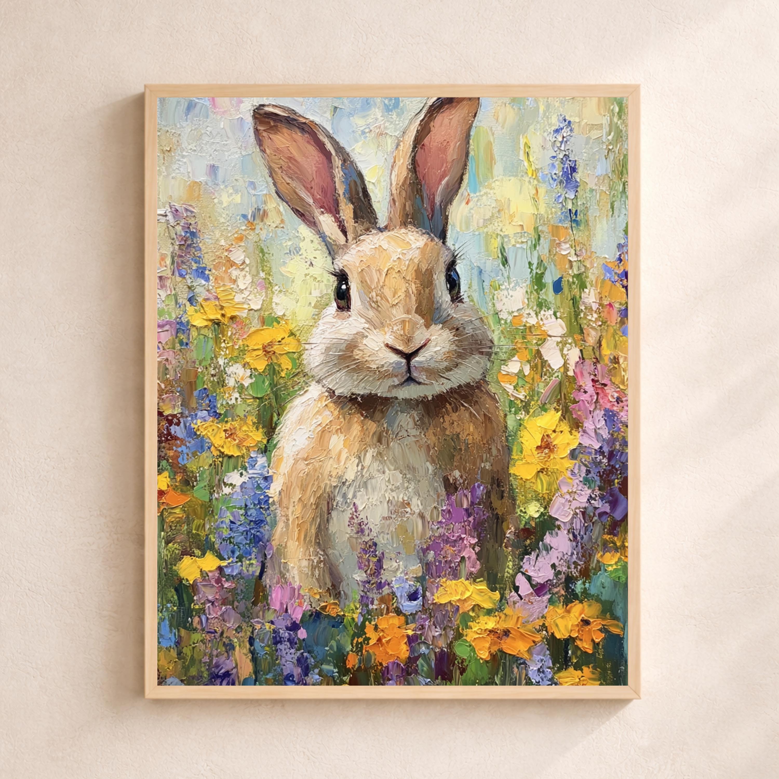 Floral Bunny Portrait Wall Art Print, Spring Meadow Canvas Decor, Cottage Nursery Portrait Artwork, Rabbit Artwork for Nursery Room Decor