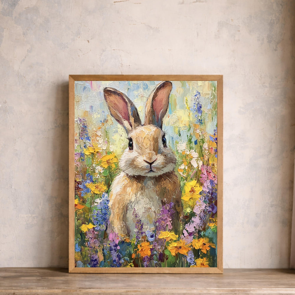 Floral Bunny Portrait Wall Art Print, Spring Meadow Canvas Decor, Cottage Nursery Portrait Artwork, Rabbit Artwork for Nursery Room Decor