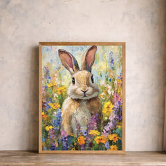 Floral Bunny Portrait Wall Art Print, Spring Meadow Canvas Decor, Cottage Nursery Portrait Artwork, Rabbit Artwork for Nursery Room Decor