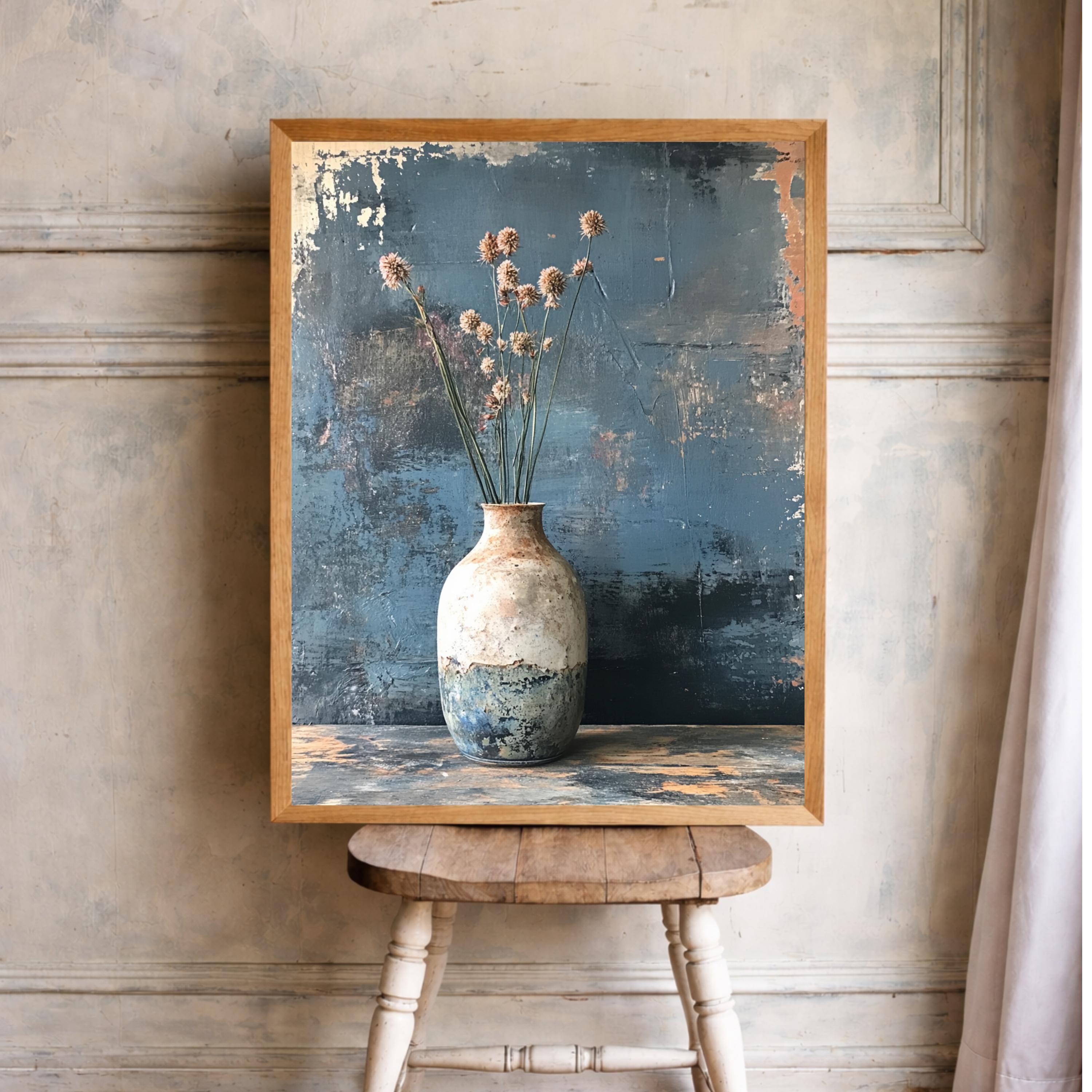 Minimal Vase Still Life Wall Art Print, Rustic Floral Canvas Art Decor, Neutral Portrait Artwork, Floral Canvas Decor