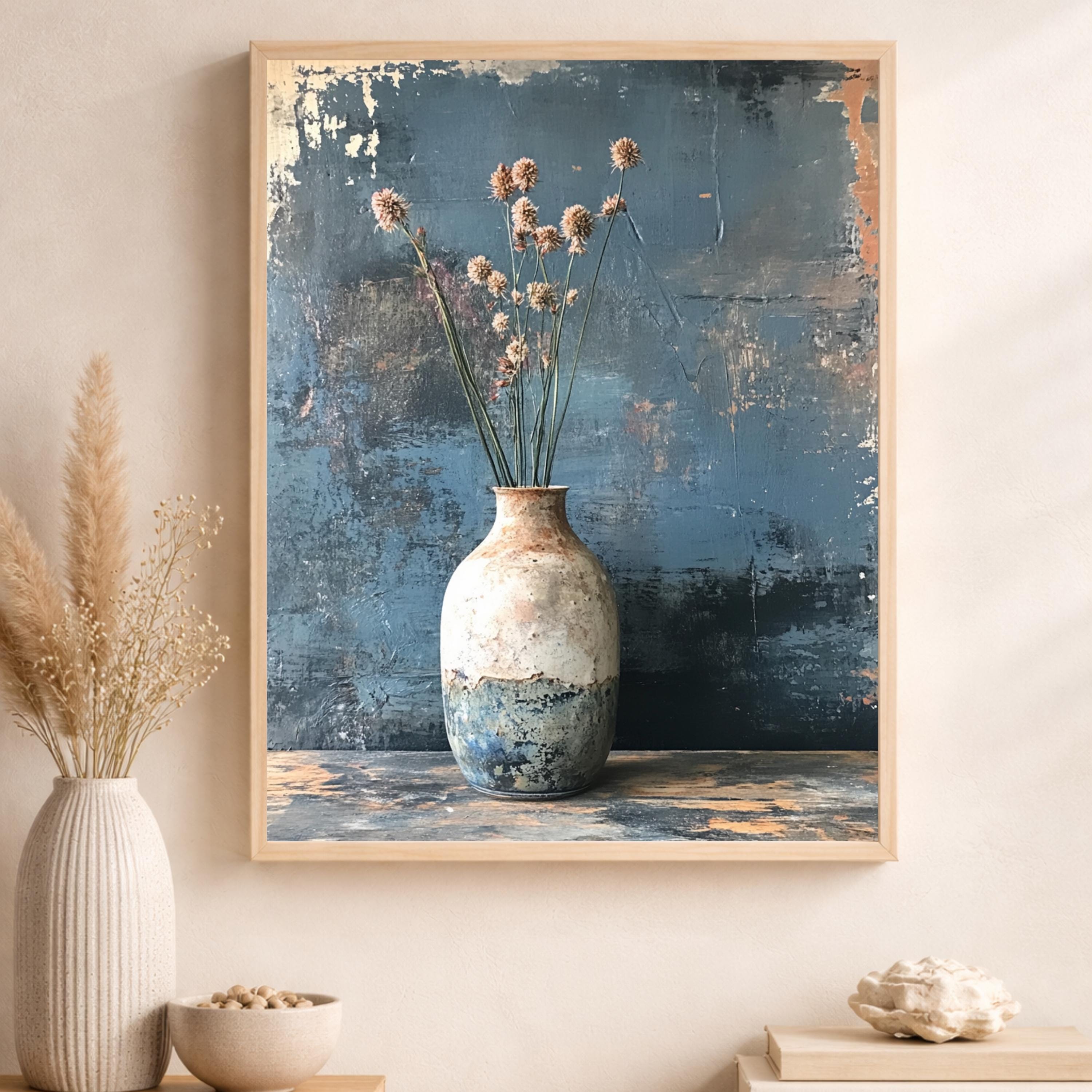Minimal Vase Still Life Wall Art Print, Rustic Floral Canvas Art Decor, Neutral Portrait Artwork, Floral Canvas Decor