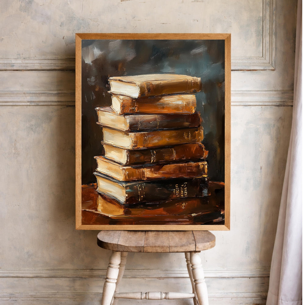 Vintage Book Stack Wall Art Print, Classic Library Canvas Art Decor, Literary Portrait Artwork