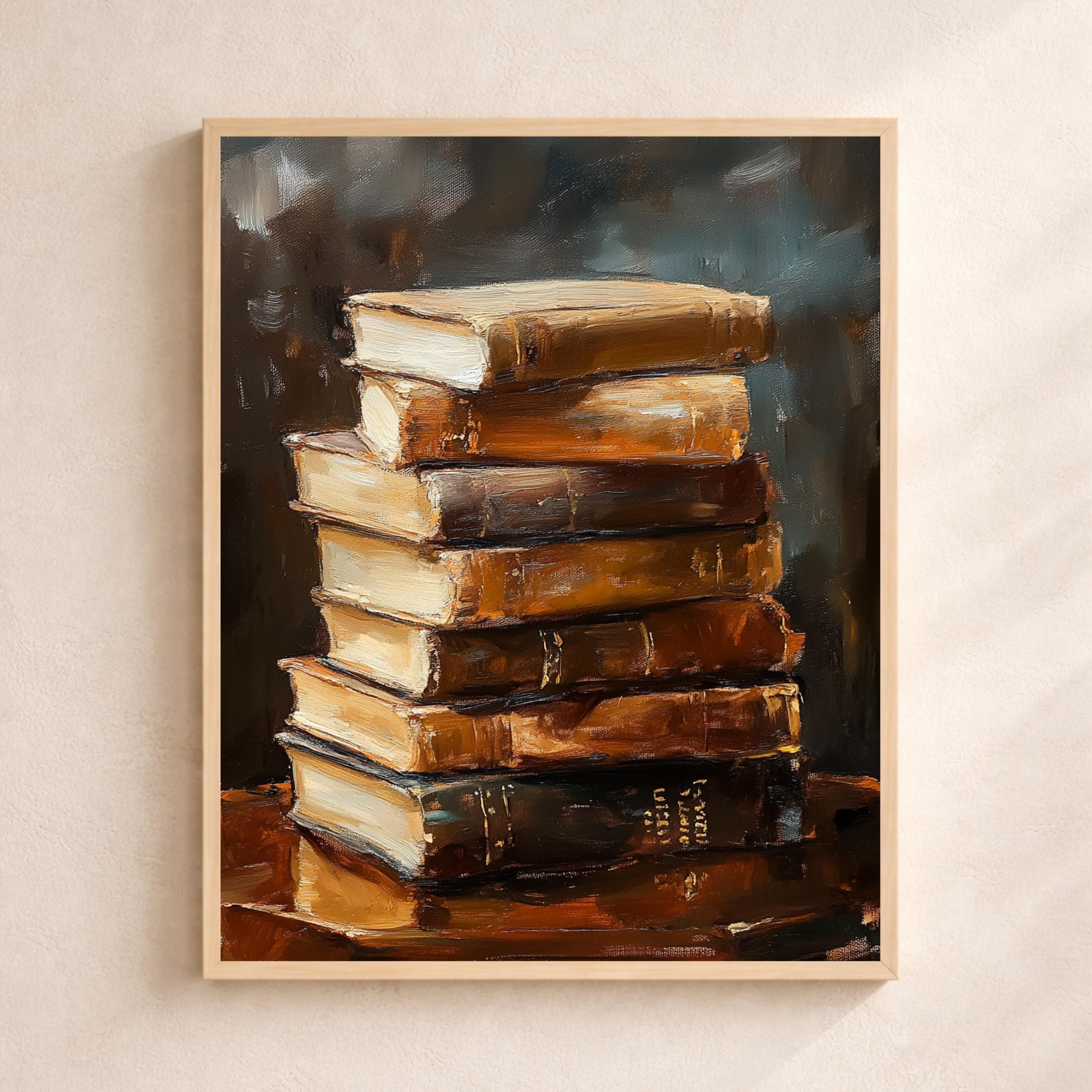 Vintage Book Stack Wall Art Print, Classic Library Canvas Art Decor, Literary Portrait Artwork