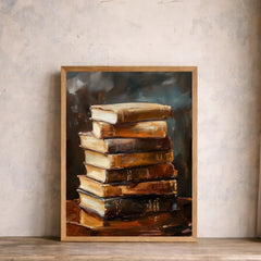 Vintage Book Stack Wall Art Print, Classic Library Canvas Art Decor, Literary Portrait Artwork