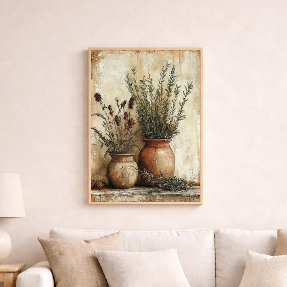 Rustic Herb Still Life Wall Art Print, Farmhouse Botanical Canvas Art Decor, Kitchen Portrait Artwork