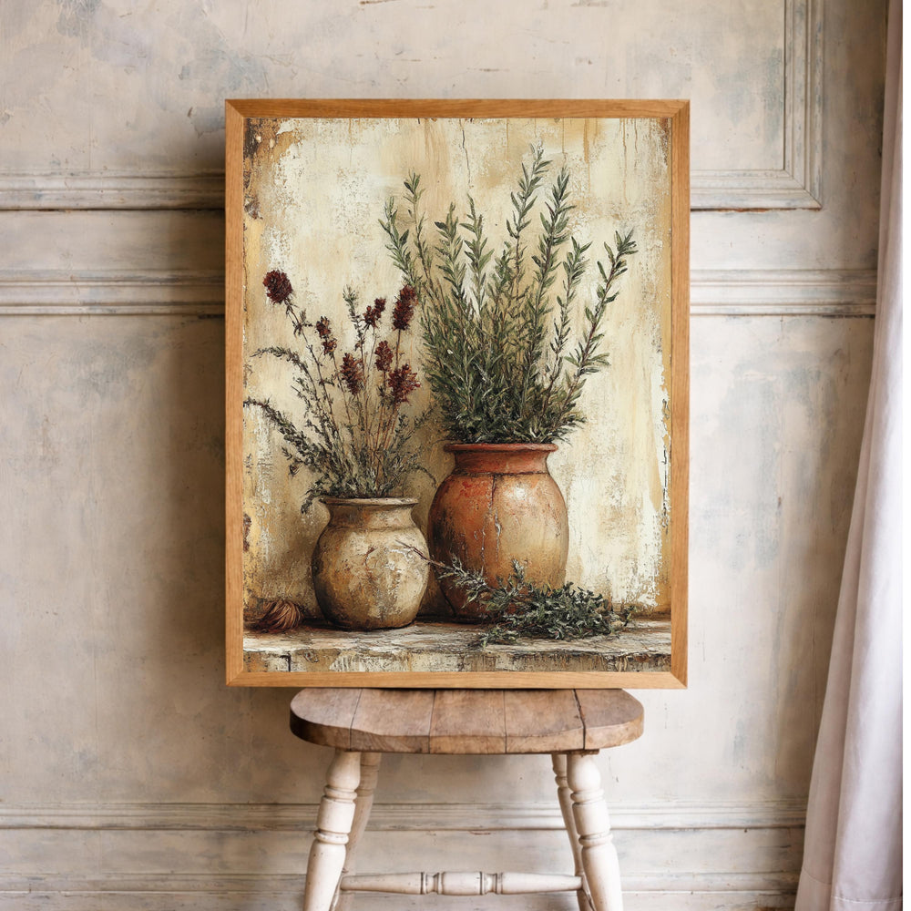 Rustic Herb Still Life Wall Art Print, Farmhouse Botanical Canvas Art Decor, Kitchen Portrait Artwork
