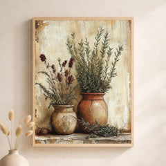 Rustic Herb Still Life Wall Art Print, Farmhouse Botanical Canvas Art Decor, Kitchen Portrait Artwork