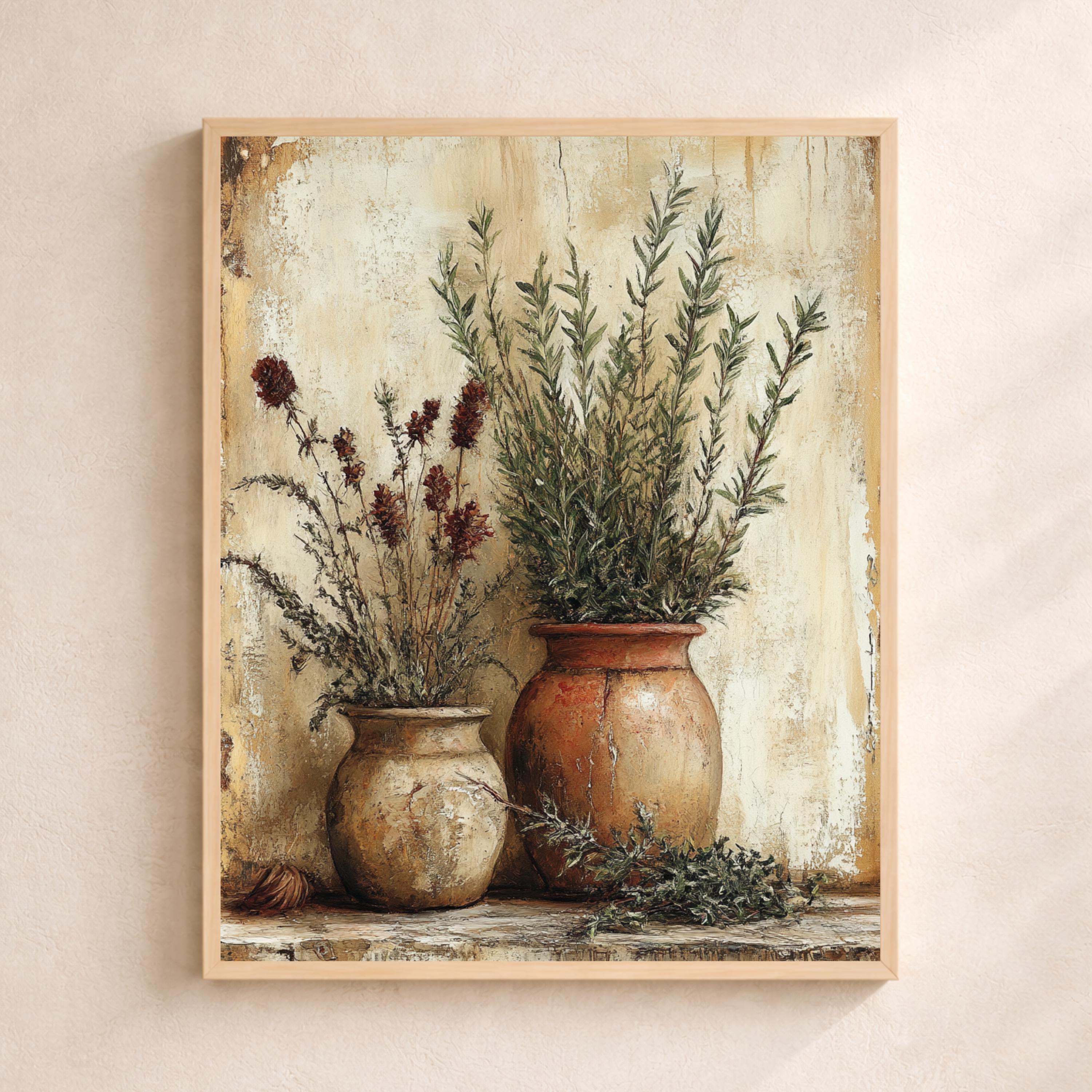 Rustic Herb Still Life Wall Art Print, Farmhouse Botanical Canvas Art Decor, Kitchen Portrait Artwork
