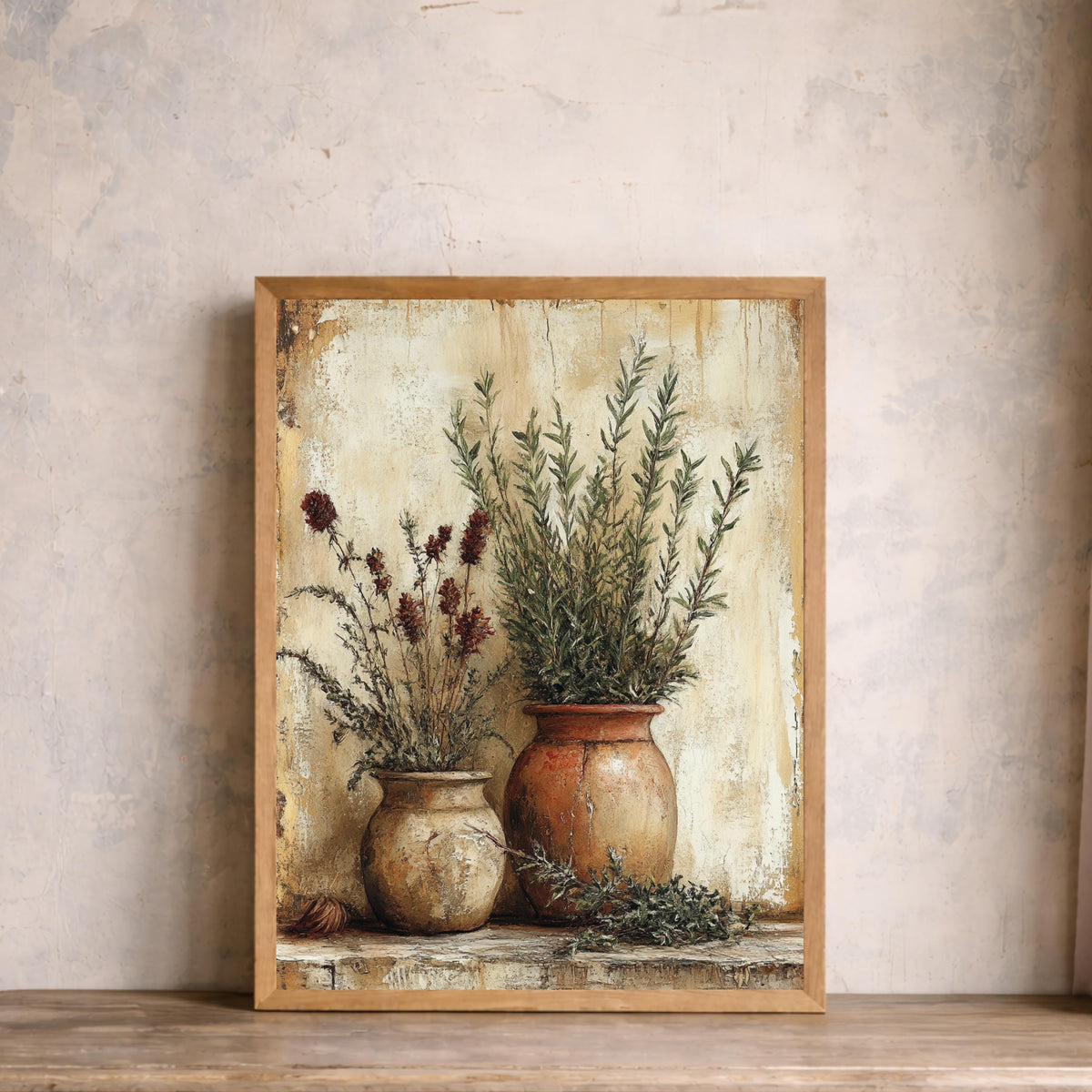 Rustic Herb Still Life Wall Art Print, Farmhouse Botanical Canvas Art Decor, Kitchen Portrait Artwork