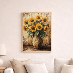 Sunflower Vase Portrait Wall Art Print, Rustic Botanical Canvas Art Decor, Farmhouse Portrait Artwork for Cozy Country Home Interior