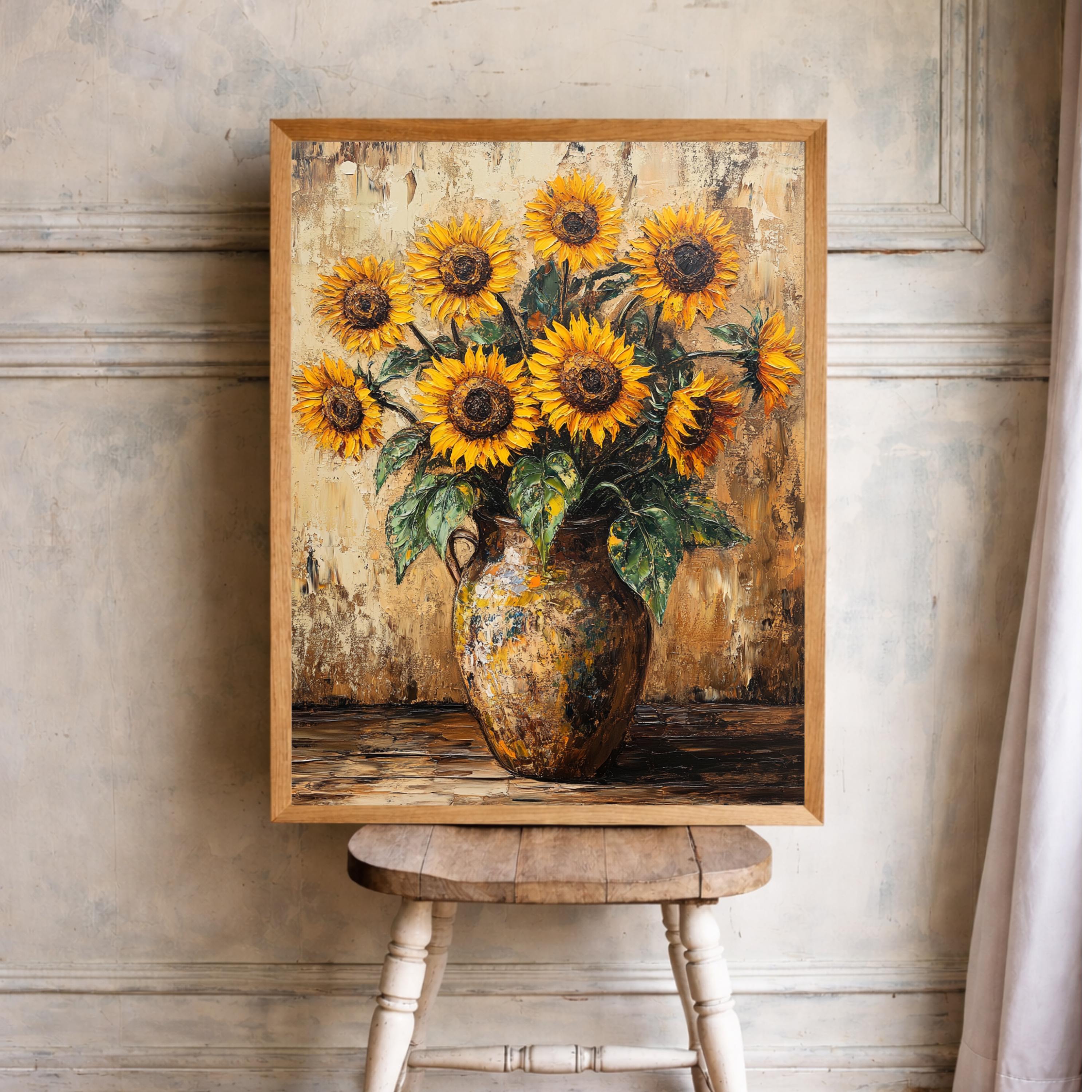 Sunflower Vase Portrait Wall Art Print, Rustic Botanical Canvas Art Decor, Farmhouse Portrait Artwork for Cozy Country Home Interior