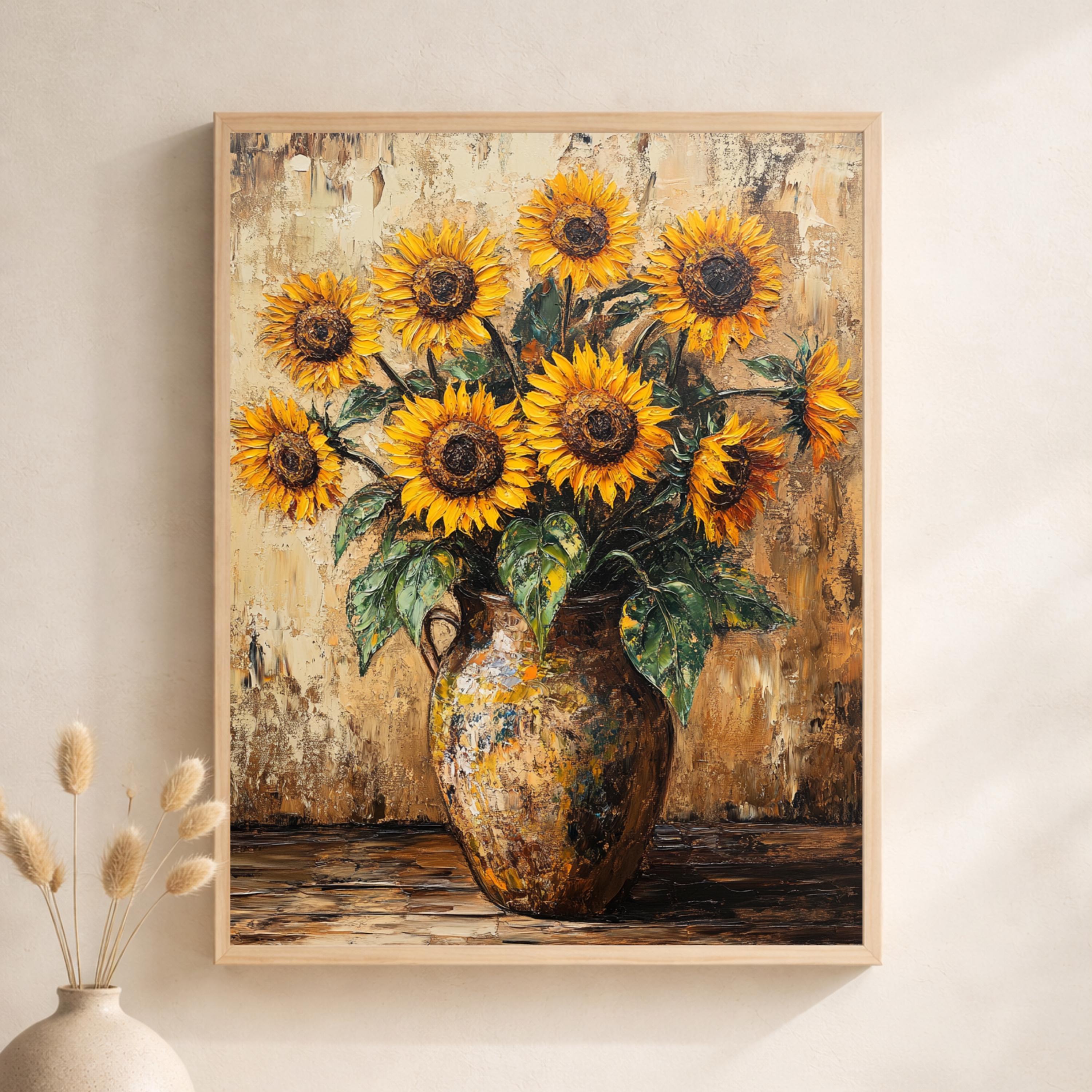 Sunflower Vase Portrait Wall Art Print, Rustic Botanical Canvas Art Decor, Farmhouse Portrait Artwork for Cozy Country Home Interior