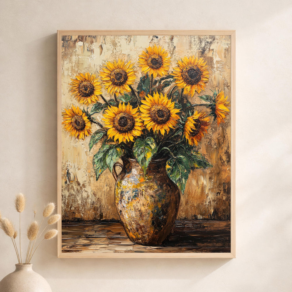 Sunflower Vase Portrait Wall Art Print, Rustic Botanical Canvas Art Decor, Farmhouse Portrait Artwork for Cozy Country Home Interior