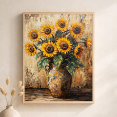 Sunflower Vase Portrait Wall Art Print, Rustic Botanical Canvas Art Decor, Farmhouse Portrait Artwork for Cozy Country Home Interior