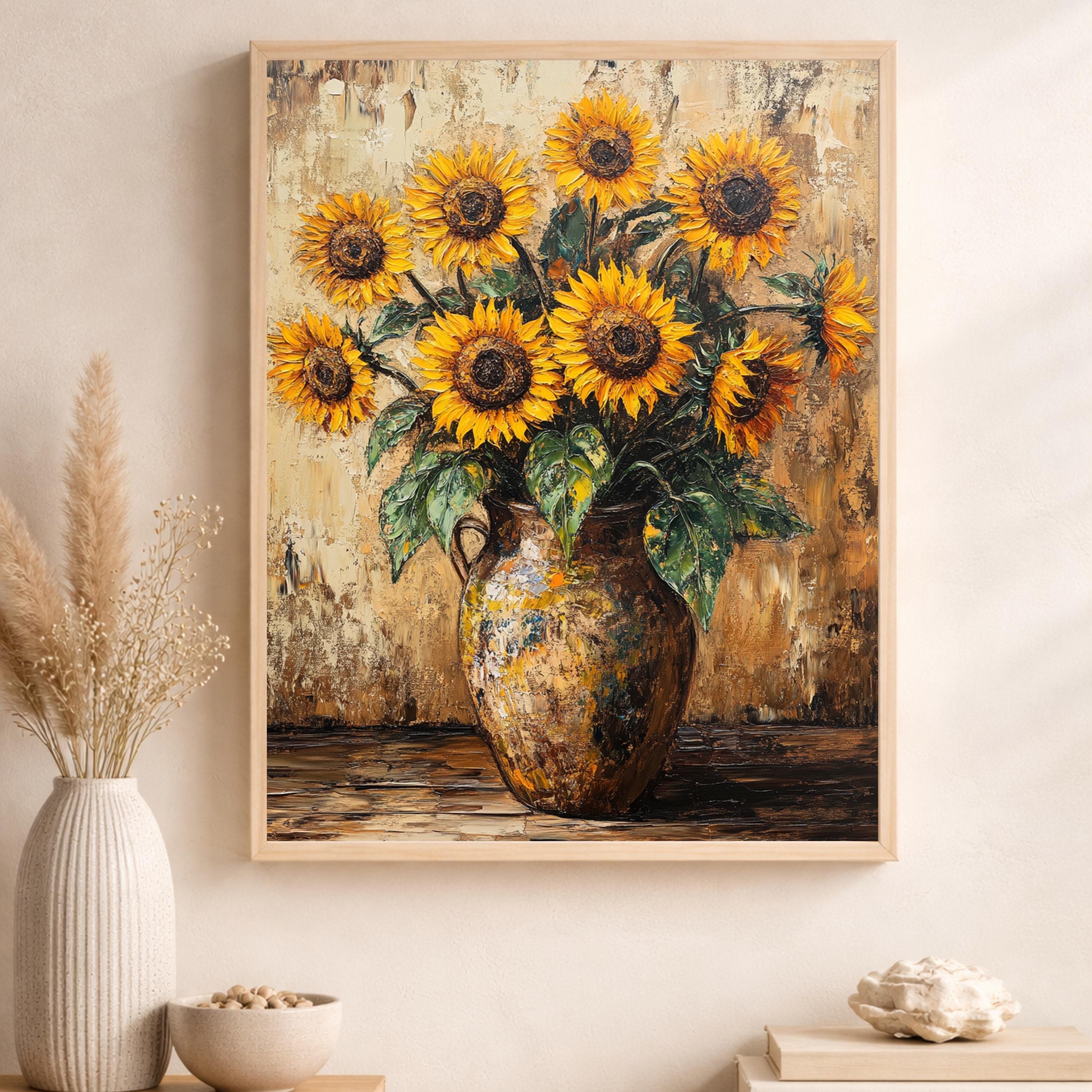 Sunflower Vase Portrait Wall Art Print, Rustic Botanical Canvas Art Decor, Farmhouse Portrait Artwork for Cozy Country Home Interior