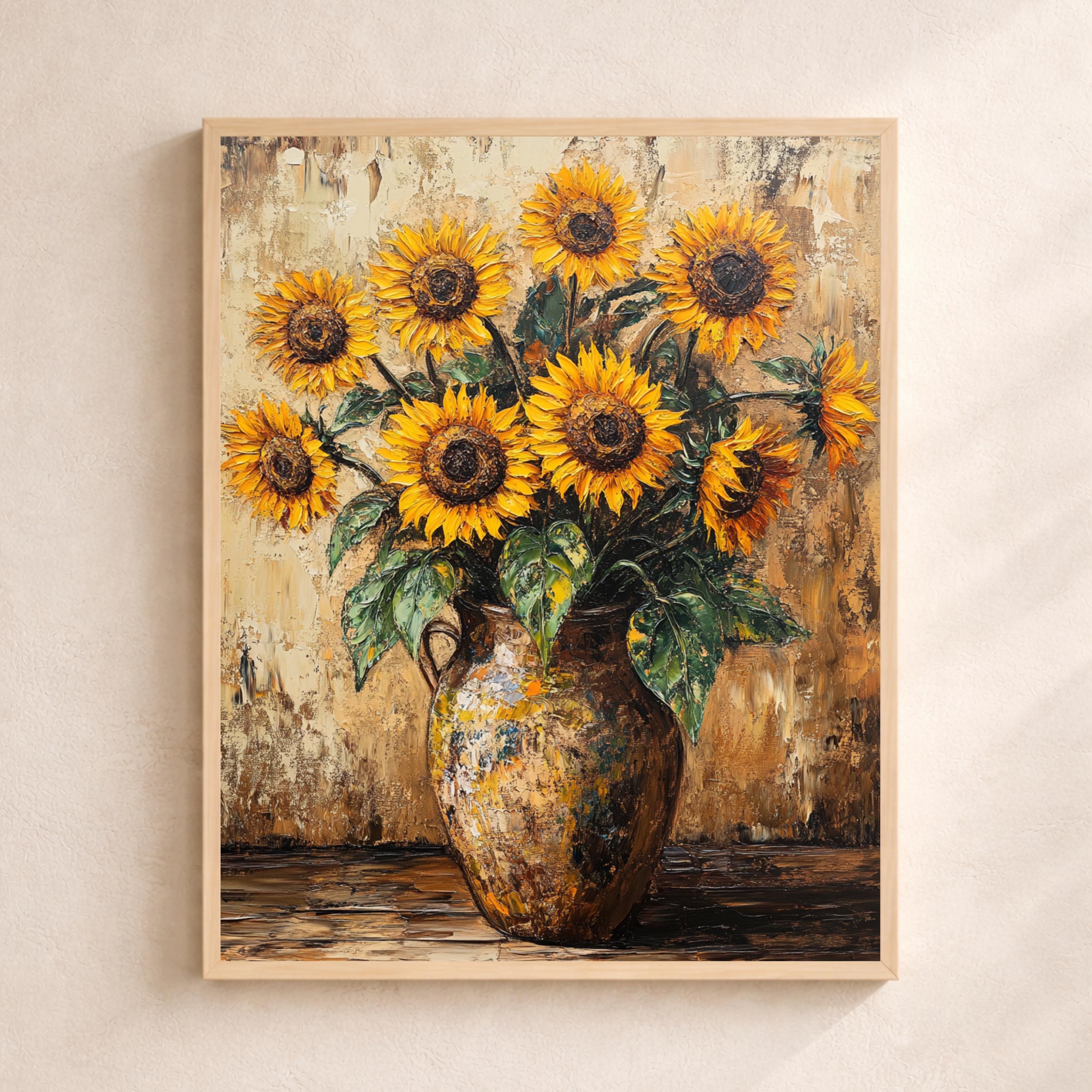 Sunflower Vase Portrait Wall Art Print, Rustic Botanical Canvas Art Decor, Farmhouse Portrait Artwork for Cozy Country Home Interior