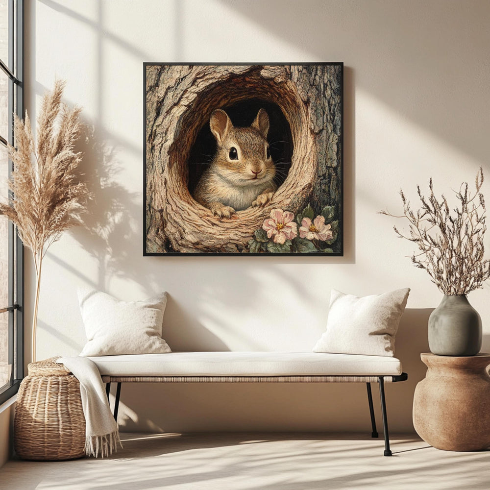 Forest Chipmunk Canvas Wall Art, Woodland Animal Tree Hollow Print, Nature Inspired Poster, Framed Canvas for Rustic Cottage Home Decor