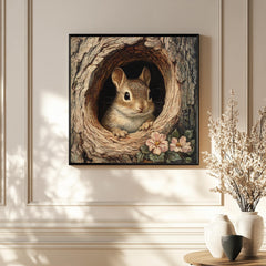 Forest Chipmunk Canvas Wall Art, Woodland Animal Tree Hollow Print, Nature Inspired Poster, Framed Canvas for Rustic Cottage Home Decor